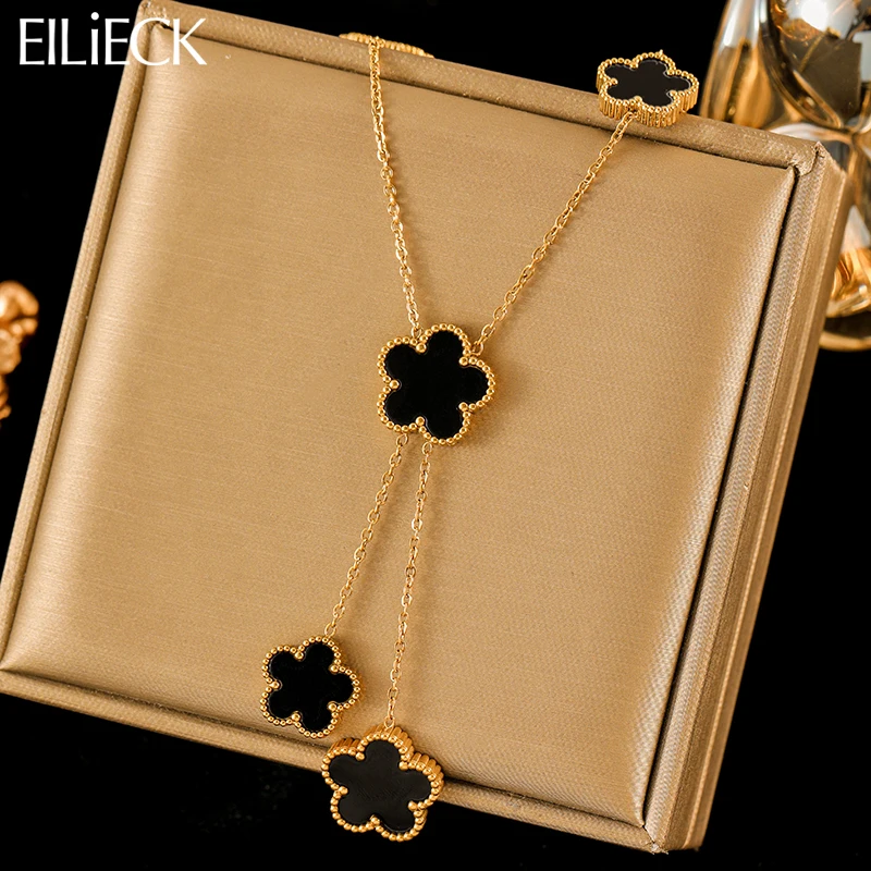 EILIECK 316L Stainless Steel Black Five Leaf Clover Tassel Pendant Necklace For Women Fashion Waterproof Neck Chain Jewelry Gift-animated-img