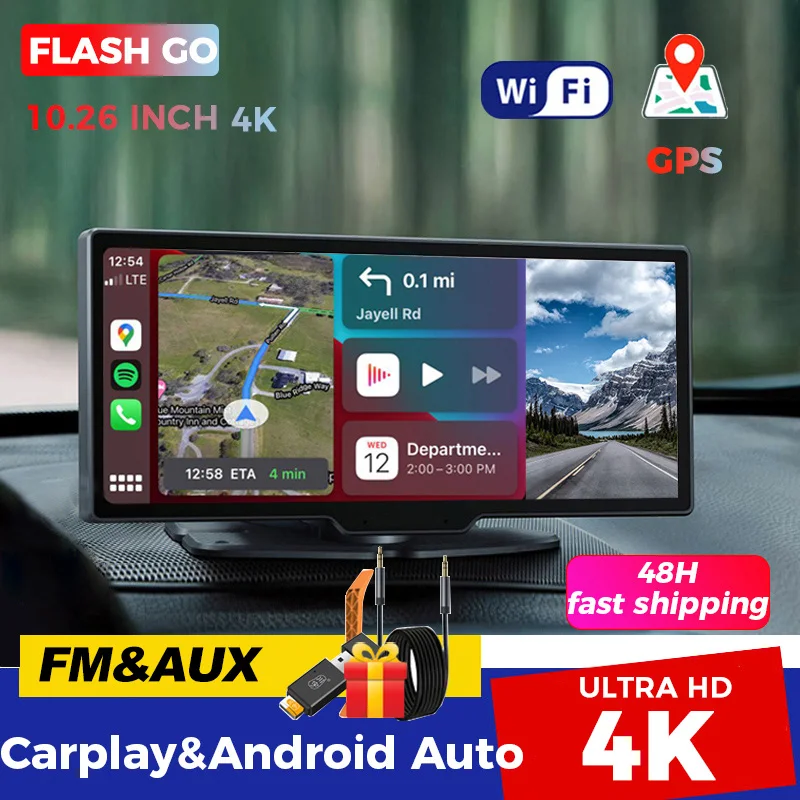 4K WiFi GPS 10.26  inch Video Recorder Car Mirror Rearview Camera Carplay&Android Auto Wireless AUX Wired Navi Bluetooth DVRs