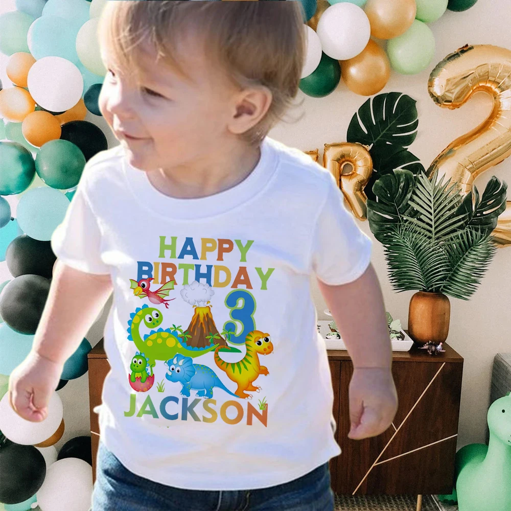 Personalised Dinosaur Birthday T Shirt 1-9 Year Custom Name T-Shirt Boys Birthday Party Outfit Clothes Kids Gift Fashion Tops-animated-img