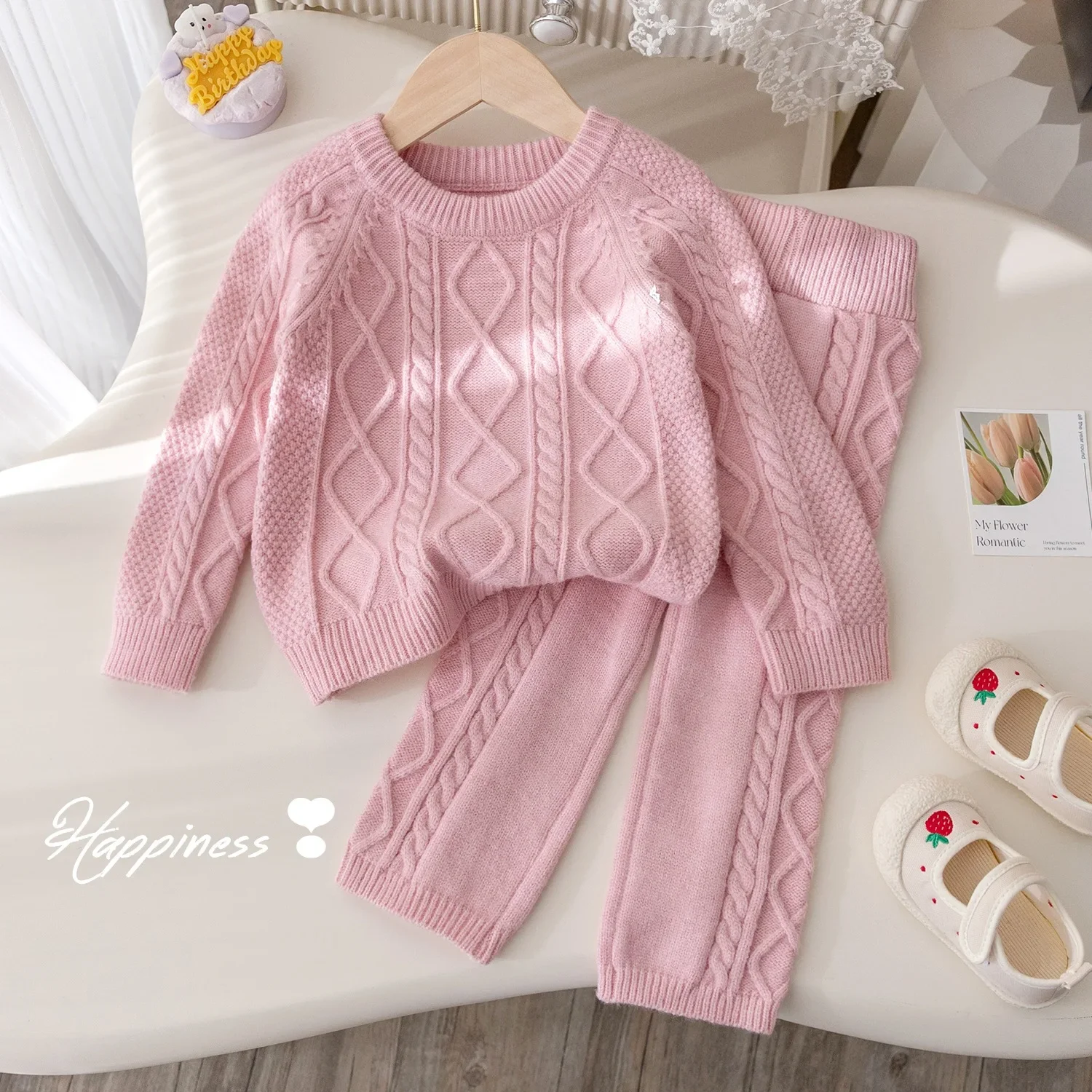 Girls Autumn/Winter New Thickened Knit Fashion Solid Color Jacquard Sweater Korean Style Versatile Trousers 2-Piece Set Trendy-animated-img