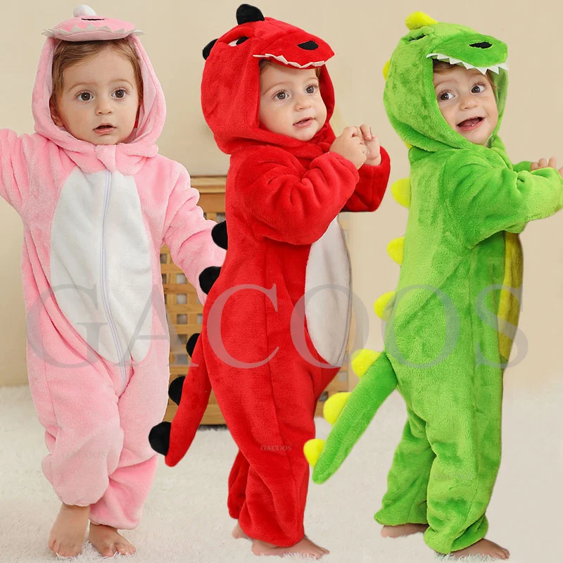 Toddler Pink Green Dinosaur Bodysuit Anime Unicorn Play Pajamas Halloween Animal Cosplay Baby Flannel Lion Costume Warm Pajamas-animated-img