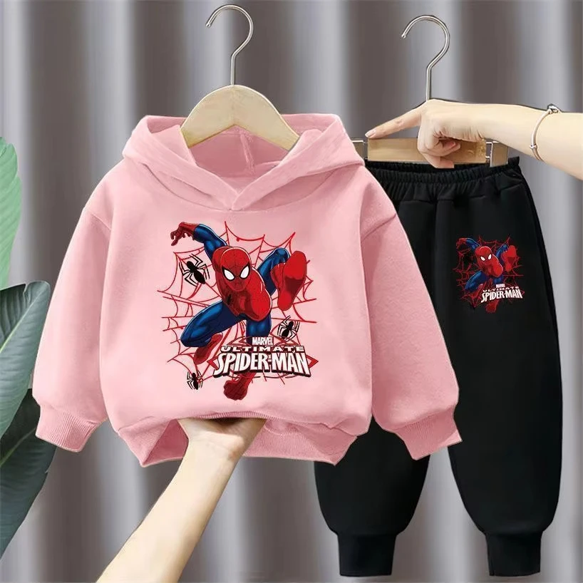 Disney Spring Autumn Children's Clothing Sets Spiderman Boys Sweatshirt+Sweatpant 2pcs Kids Hooded Sport Pullover Set Tracksuit-animated-img