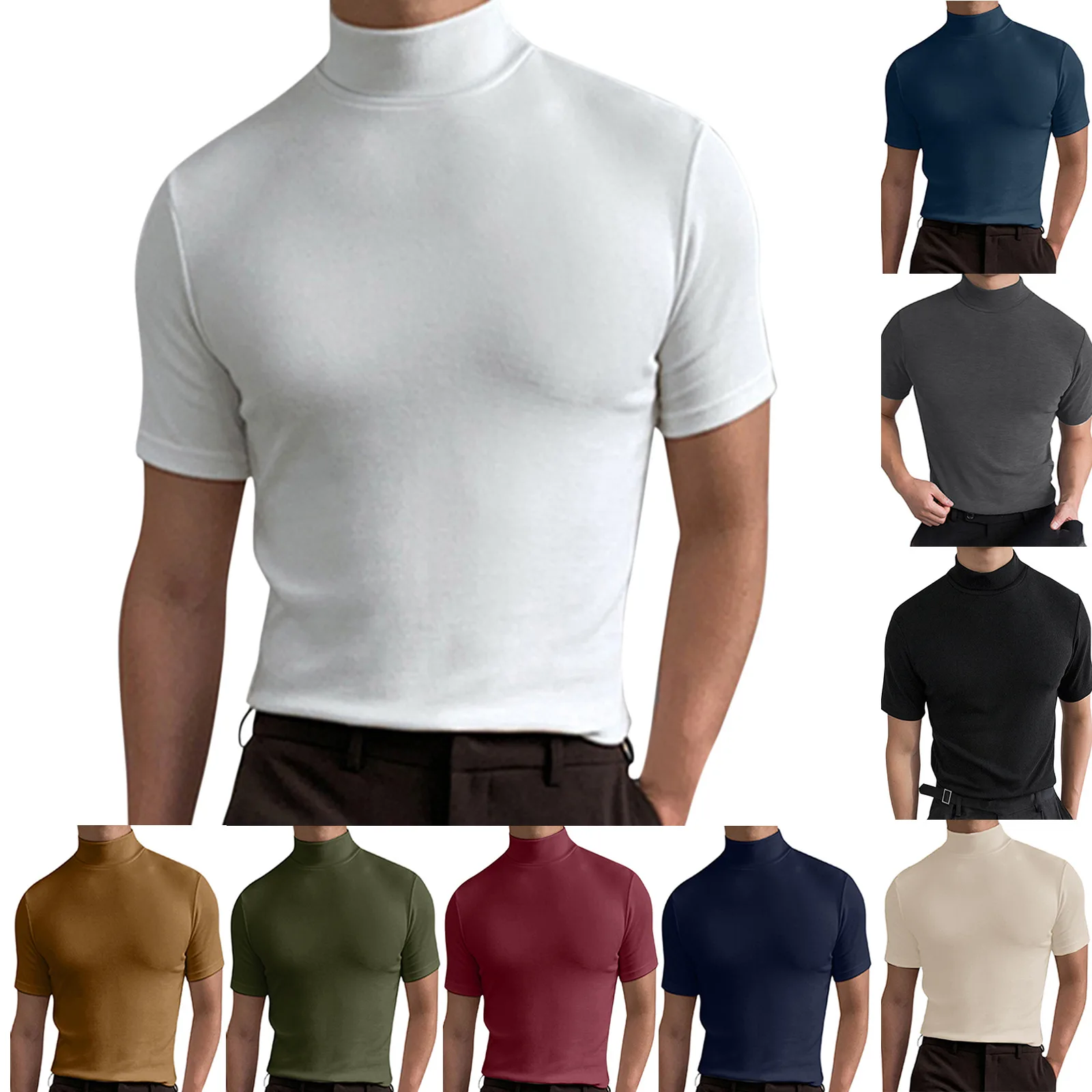 Men Turtleneck Short Sleeve Slim T-shirts Summer Male Solid Color Skinny Base Tshirts ZC344-animated-img