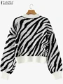 ZANZEA Fashion Long Sleeve Zebra Striped Sweater Stylish Autumn Sweaters Women Jumpers Casual Knitted Top Winter Loose Pullovers preview-3