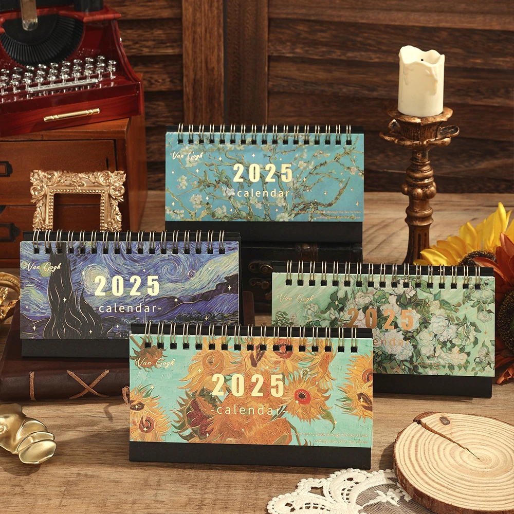 1 pc 2025 Vintage Painting Coil Desk Calendar With Memo Notes Tabletop Flip Schedule Monthly Calendar For Home Office School-animated-img