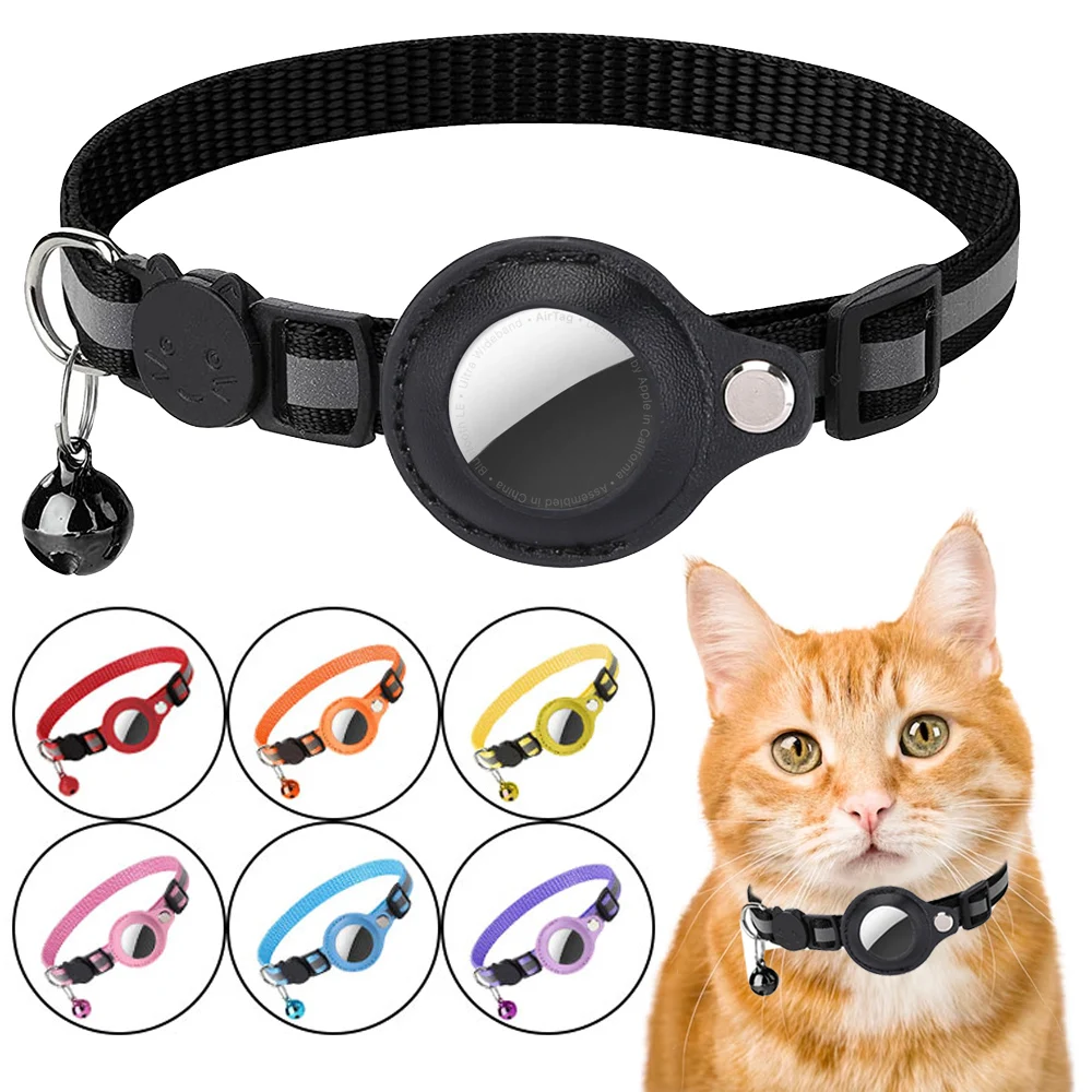 Airtag Cat Collar Anti Lost Safety Breakaway Reflective Cat Collars with Bell Airtag Holder Case for Kitten Cat Accessories-animated-img