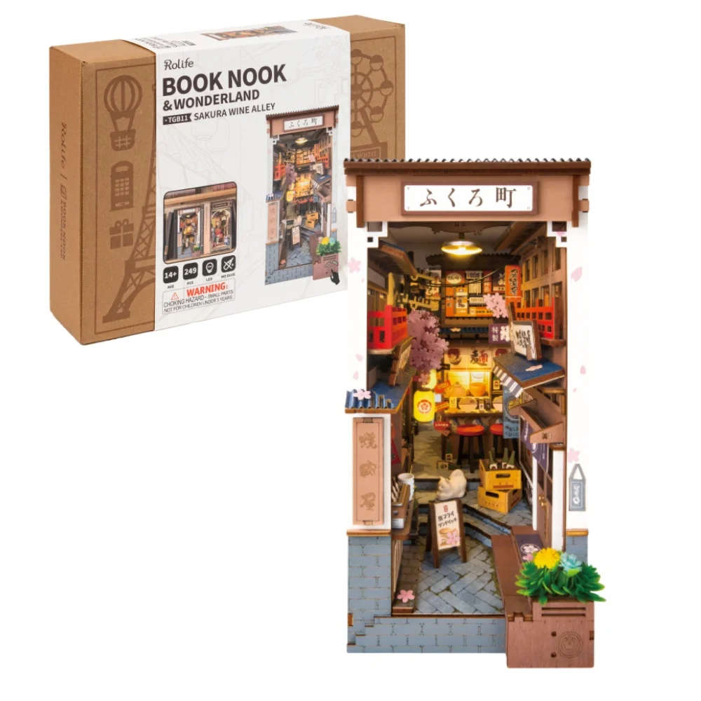 Robotime Sakura Wine Alley Book Nook Kits DIY Miniature Dolls House Kit with Dust Cover 3D Wooden Puzzle Bookend Bookshelf Gift-animated-img