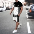 men's 3D letter line splicing outdoor vacation casual street wear round neck short sleeved T-shirt shorts sports set of 2 pieces preview-5