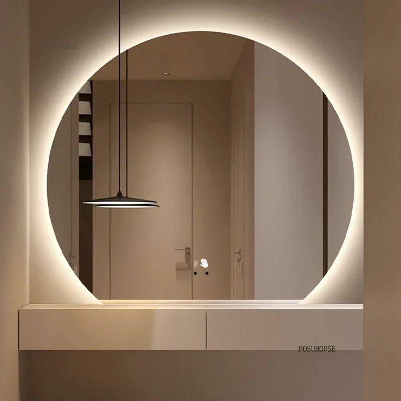 Luxury Smart Bath Mirrors Semicircular Bathroom Wall Mirror with Light Washbasin Defogging HD LED Bathroom Mirror Home Furniture-animated-img