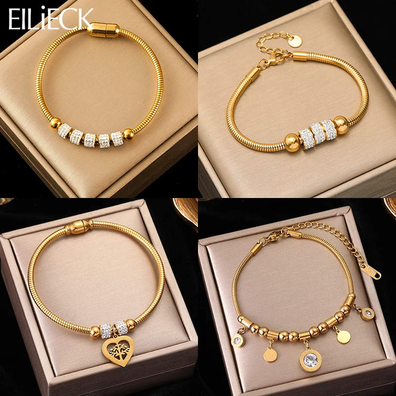 EILIECK 316L Stainless Steel Heart Roman Numeral Zircon Bead Bracelet For Women New Waterproof Snake Bone Chain Bangle Jewelry-animated-img