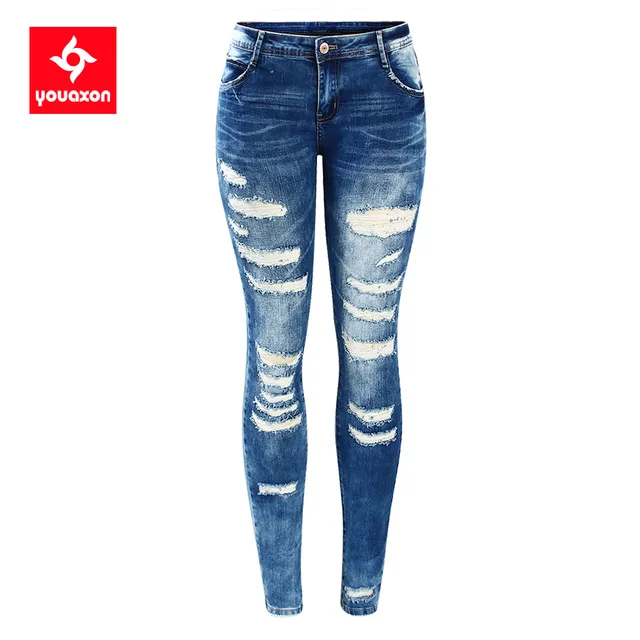 2045 Youaxon Women`s Fashion Blue Low Rise Skinny Distressed Washed Stretch Denim Jeans For Women Ripped Pants-animated-img
