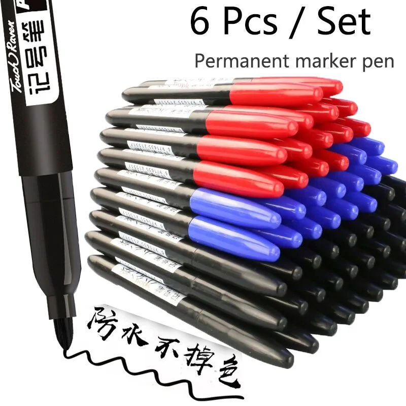 6 Pcs/Set Permanent Marker Pen Fine Point 1.5 mm Fiber Tip Black Blue Red Waterproof Ink Color Pens Stationery School Supplies-animated-img