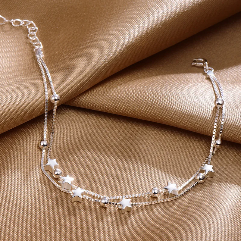 925 Sterling Silver Bead Chain Bracelets For Women Korean Sweet Double Layer Beautiful Stars Bracelets Original Jewelry Gifts-animated-img