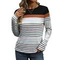 Women's Striped Round Neck Long Sleeve T-Shirt, Ladies Tops, Crew Neck Pullover, Casual Daily Shirts, Black and White Print Tee preview-5