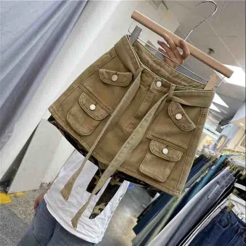 Khaki Cargo Skirt Women 2023 Summer New Personality Multi Pocket Belt High Waist Mini Skirt Sexy Fashion Denim A Line Skirts