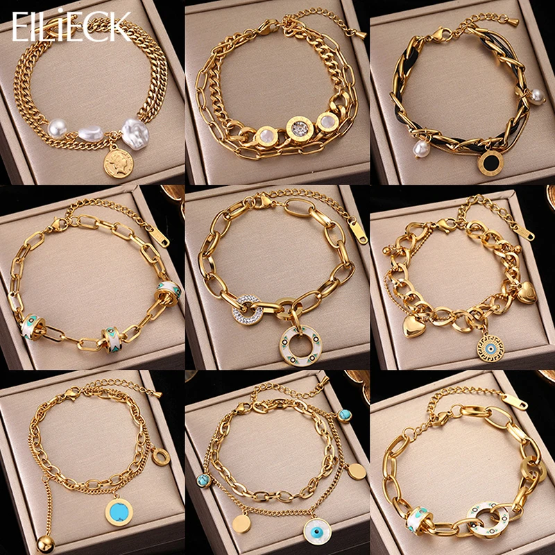 EILIECK 316L Stainless Steel Gold Color Multilayer Charm Bracelet For Women Men Fashion Bangle Wrist Jewelry Gifts Waterproof-animated-img