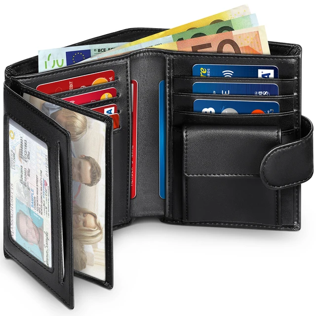 Men Genuine Leather Wallet Business Purse RFID Card Holder Transparent Windows Bank Note Coin Compartment Black-animated-img