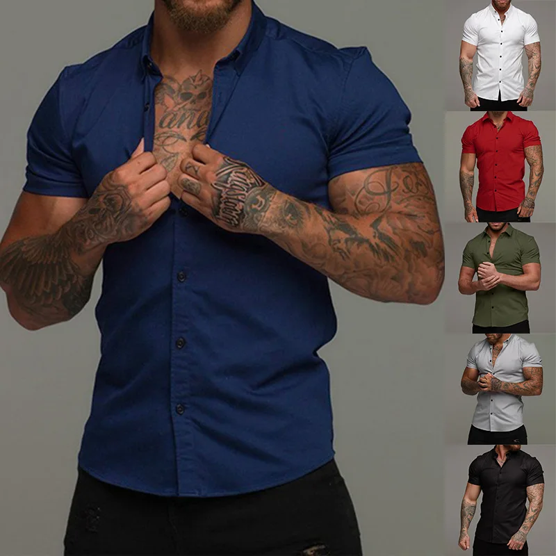 Men Slim Blouse Shirts Summer Casual Male Turn Down Collar Short Sleeve Button Tops LXDZ-110-animated-img