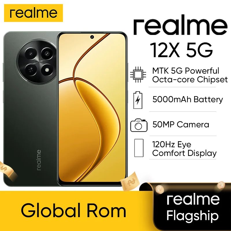 Original Unlocked realme 12X 5G Smartphone Global ROM 120Hz Display 50MP Camera 5000mAh Octa-Core Moblie Phone Multi-Language-animated-img