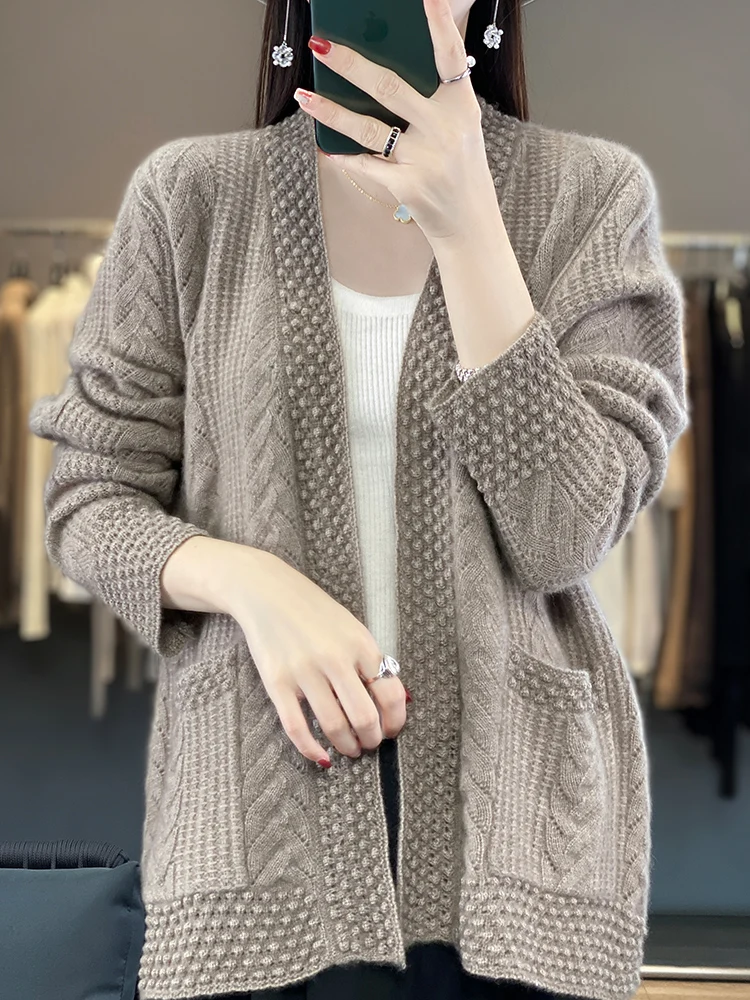 Spring Autumn 100% Pure Merino Wool Women’s Cardigan V-neck Twist Flower Cashmere Knitwear Female Sweater Fashion Top-animated-img