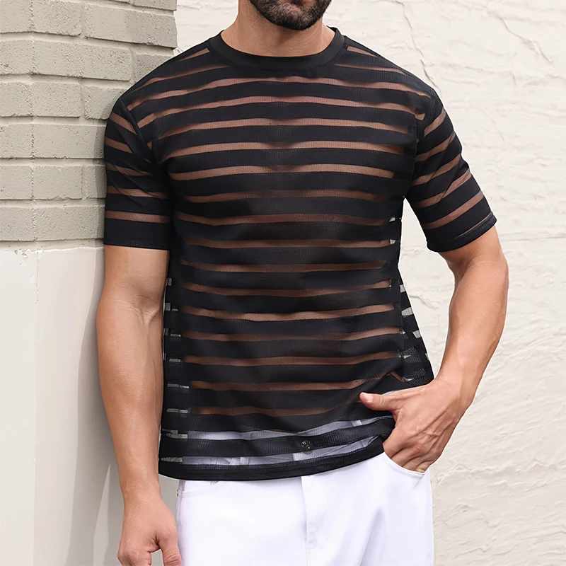 Sexy Striped Hollow Out Mesh T Shirts Mens Fashion Patchwork Short Sleeve Mesh Tops For Men Spring Summer Casual Breathable Tees-animated-img