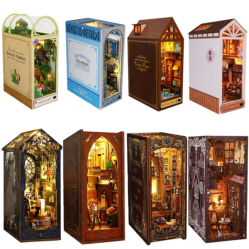 DIY Book Nook Kit Miniature Doll House With LED Light 3D Puzzle Model Building Wooden Bookshelf Bookend Toy Adults Birthday Gift-animated-img