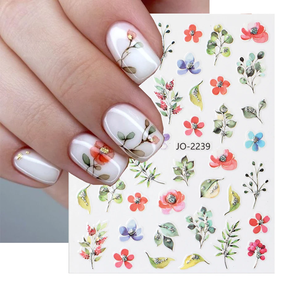 3D Flower Leaf Nail Stickers Glitter Painted Colorful Slider