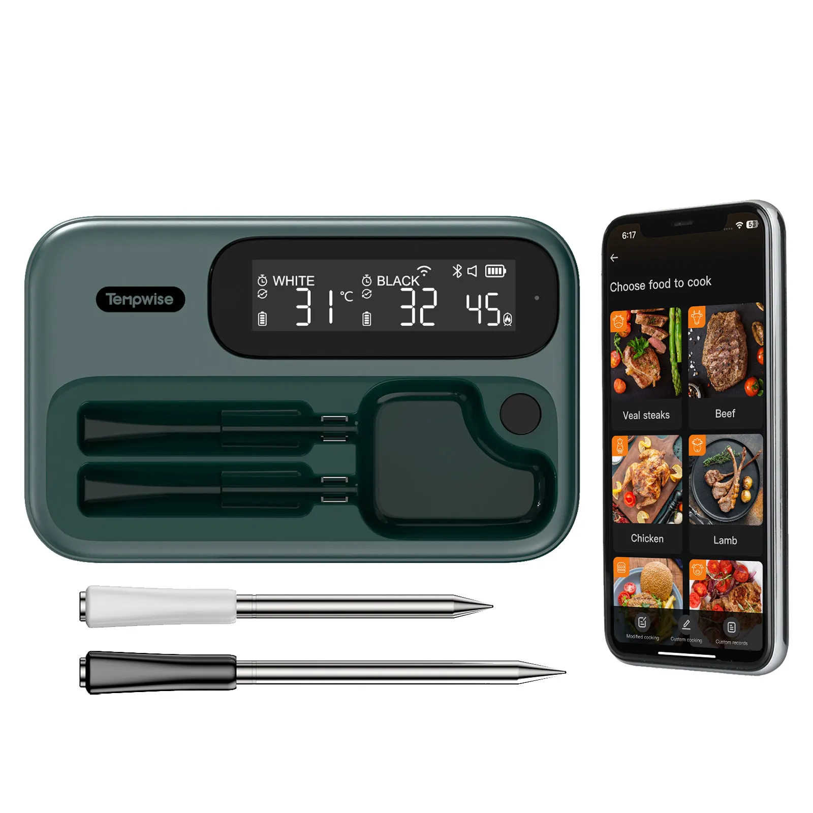 TNT-2BW Wireless Meat Thermometer Wifi Bluetooth Dual Mode Kitchen Food Cooking Thermometer with Long and Short Probes-animated-img