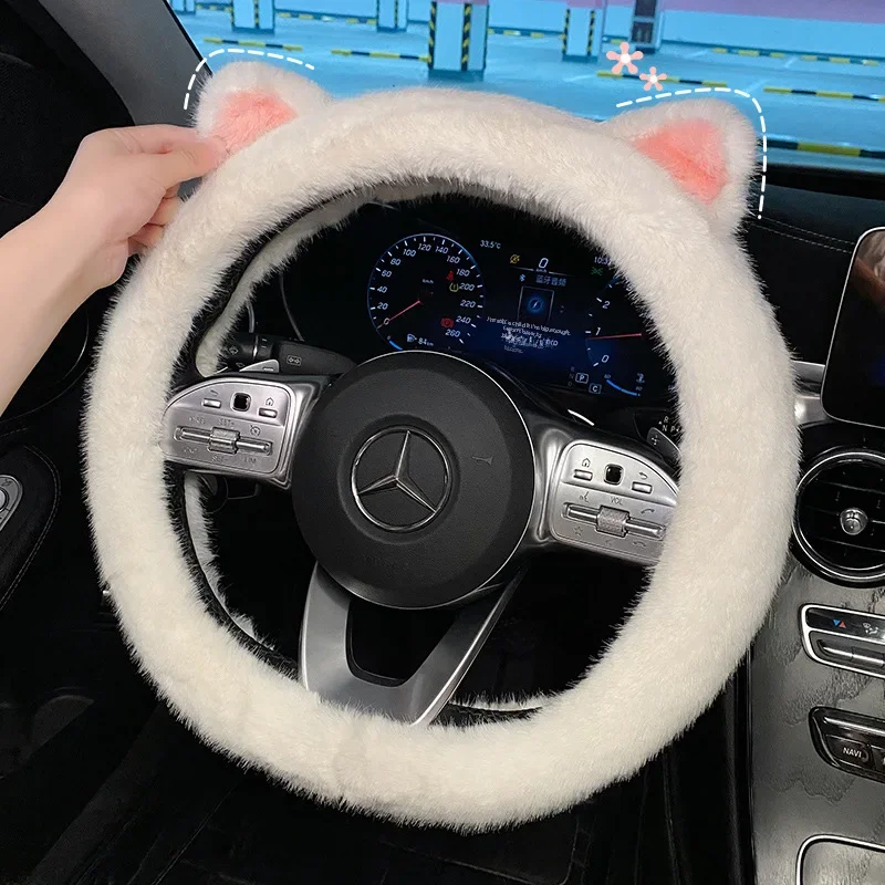 Winter Fluffy Four Seasons Universal Car Steering Wheel Cover Popular Internet Cat Ear Decoration Vehicle Mounted Glove Cover-animated-img