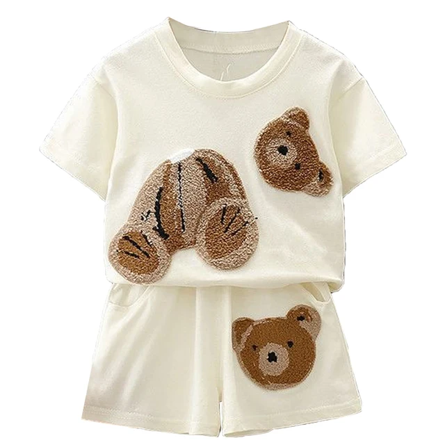 Boys' Summer Casual T-Shirt+Shorts 2Pcs Clothing Children's Fashion Bear Short Sleeve Tracksuit Baby Girls Outfits 2 to 5 Years-animated-img