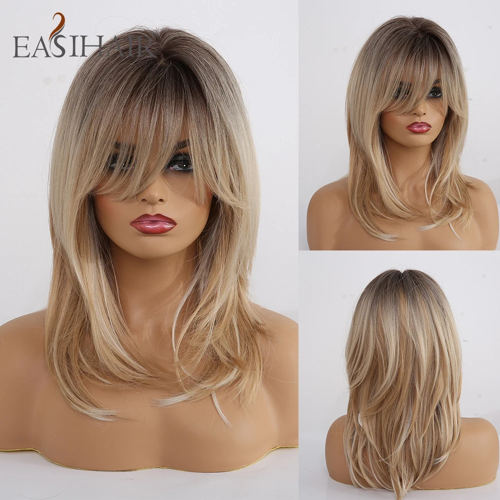 medium blonde wig with bangs