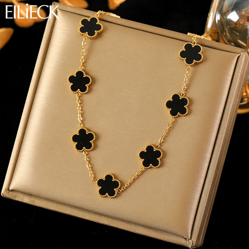 EILIECK 316L Stainless Steel Black 15 Flowers Clover Pendant Necklace For Women Fashion New Party Gift Neck Chain Jewelry Collar-animated-img