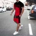 men's 3D letter line splicing outdoor vacation casual street wear round neck short sleeved T-shirt shorts sports set of 2 pieces preview-4