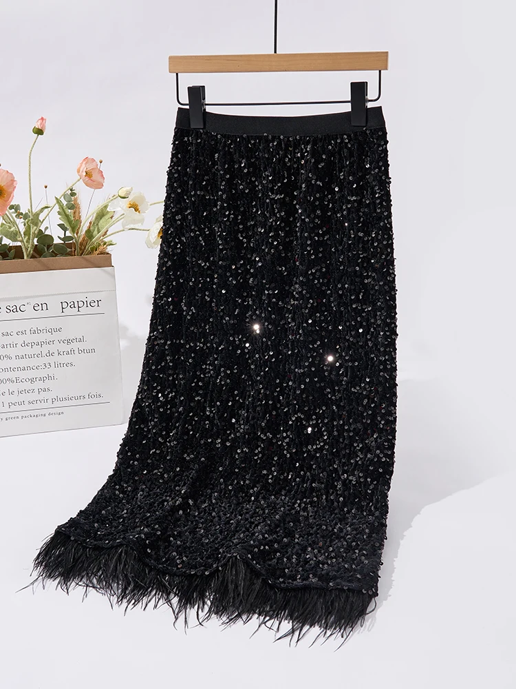 Winter Women Black Thicken Warm Sequined Feather Skirt 2024 New Year Party Hip Skirt Slim Festival Female Chic Bottoms C-214-animated-img