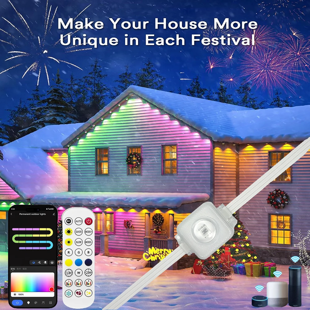 RGB Outdoor Eaves Light String 15M 30LEDS Remote Control App Control Waterproof Easy Install for Festival Xmas Decor-animated-img