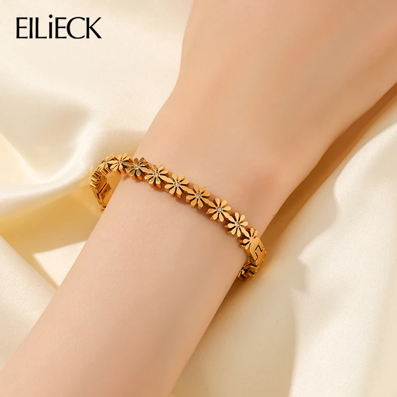 EILIECK 316L Stainless Steel Daisy Flowers Bangle Bracelet For Women New Trendy 18K Gold Plated Waterproof Jewelry Gift Party-animated-img