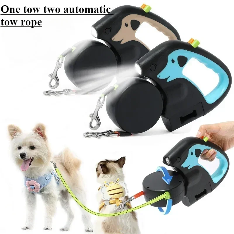 Portable Rotating Pet Leash for 2 Dogs, Double End Leash, Light Retractable Roulette, Walking Supplies-animated-img