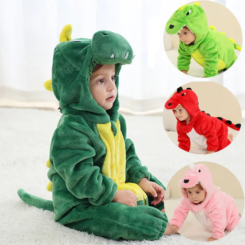 Green Dinosaur Baby Boy Jumpsuits Kids Overalls Girl Onesies Winter Warm Hooded Baby Rompers Newborn Clothes Halloween Costume-animated-img