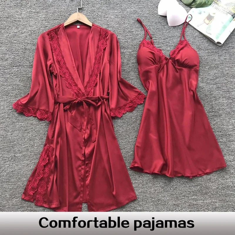 2PCS Leepwear Female Pajamas Set Satin Home Pyjamamas Lace Robe Sleep Suit V-Neck Wedding Nightwear Wear Nighty&Rob-animated-img