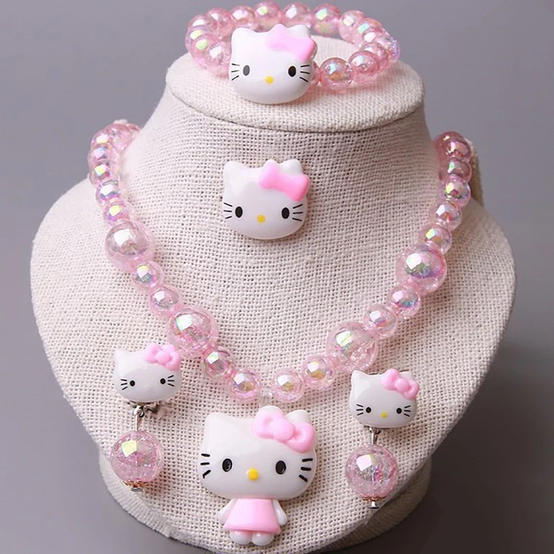 4pcs/set Sanrio Cartoon Hello Kitty Necklace Finger Ring Bracelet Set Kawaii For Girls Jewelry Accessories Birthday Gifts-animated-img