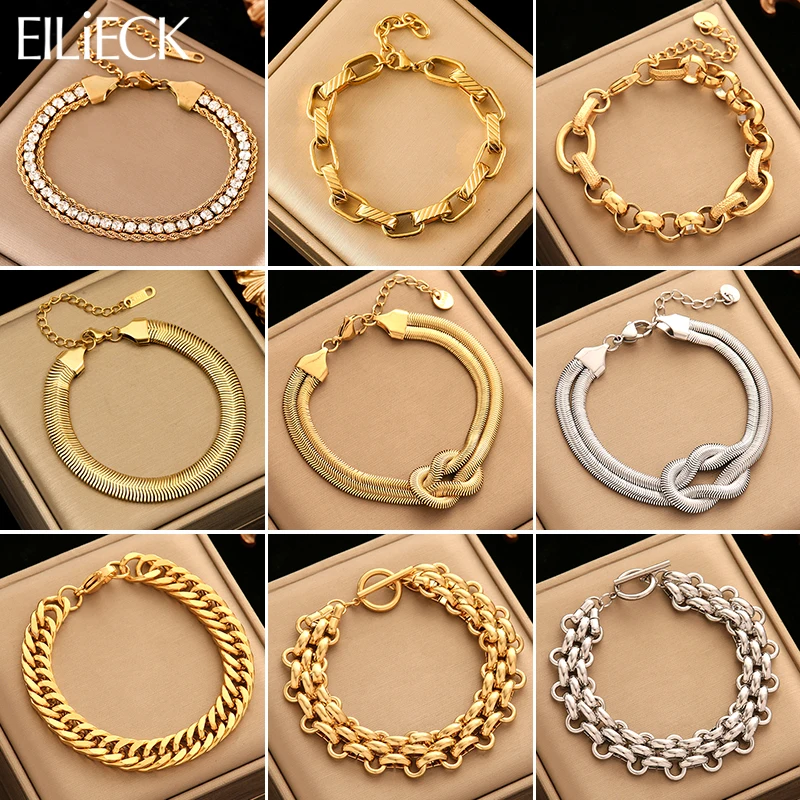 EILIECK 316L Stainless Steel Waterproof Bracelet Bangles For Women Girl Trendy Metal 18 K Plated Thick Wrist Chain Jewelry Gift-animated-img