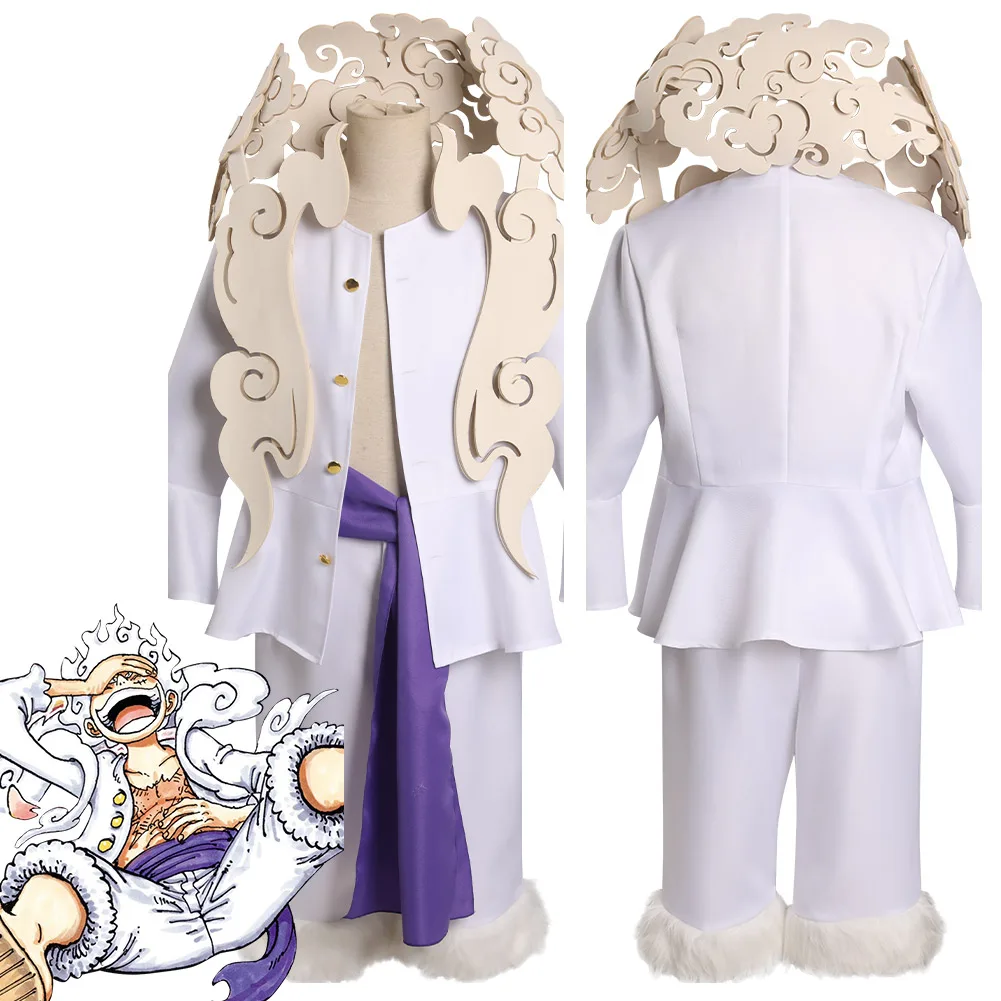 Luffy Gear 5 Nika Form Cosplay Costume Outfit Anime Monkey D Luffy Cosplay  3 Piece Full Set White Shirt Pants