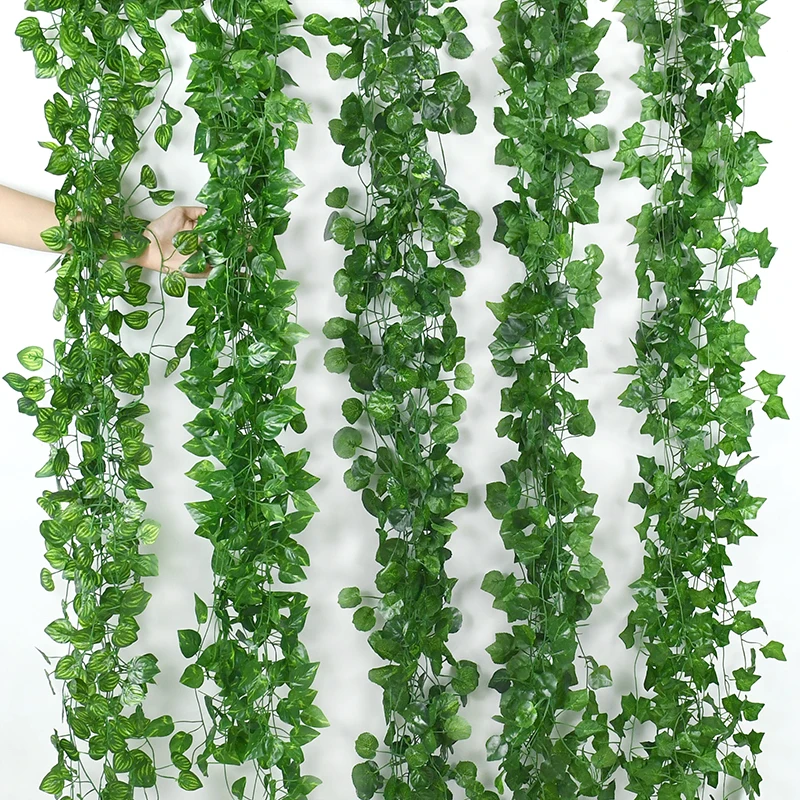 2.1M Artificial Plant Green Ivy Leaf Garland Silk Wall Hanging Vine Home Garden Decoration Wedding Party DIY Fake Wreath Leaves-animated-img
