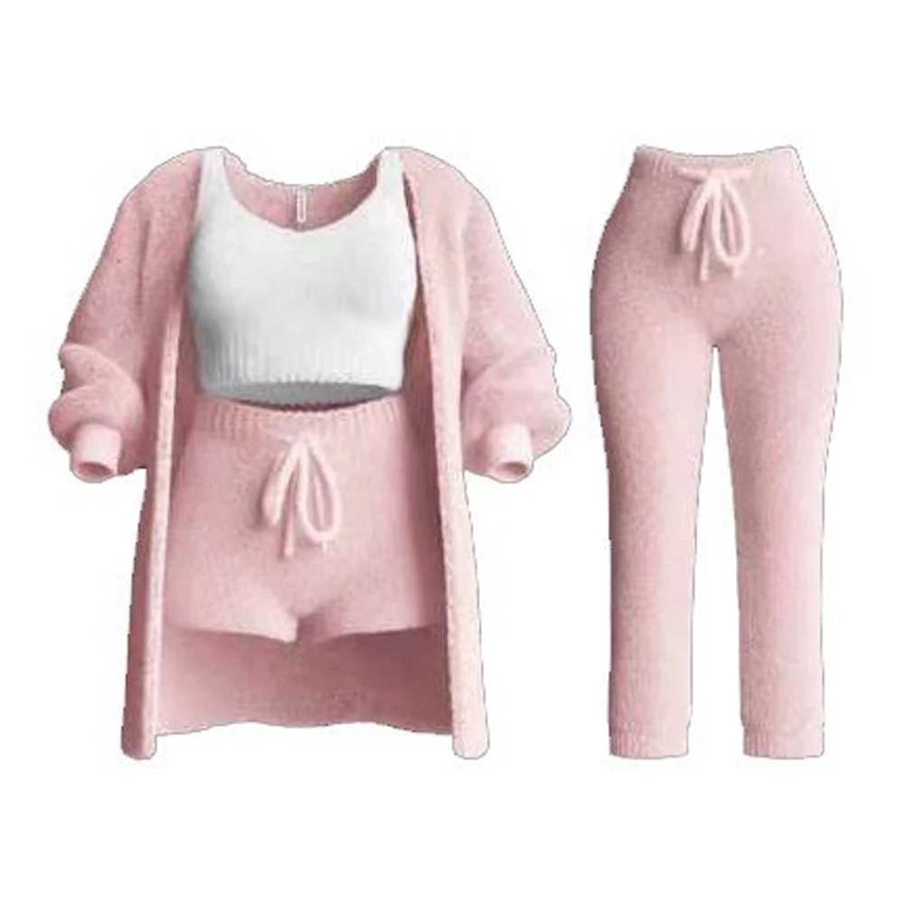 Four Pcs Sets Casual Cropped Tank Tops&High Elastic Drawstring Shorts&Long Sleeve Fleece Knitted Cardigan Coats&Full Trousers-animated-img