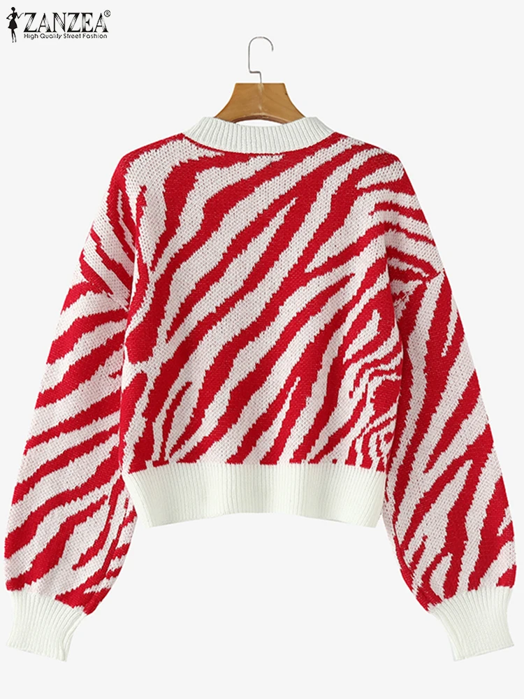 ZANZEA Fashion Long Sleeve Zebra Striped Sweater Stylish Autumn Sweaters Women Jumpers Casual Knitted Top Winter Loose Pullovers-animated-img