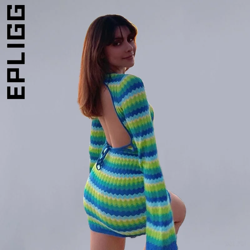 Epligg Stripe Knit Summer Beach Dress Bodycon Backless Casual Mini Dress Club Korean Robe Elegant Dress Woman Vestidos Female