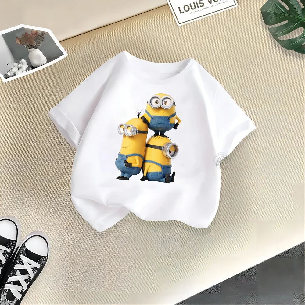 Despicable Me Kids Summer Cotton T-shirt Baby Baby Street Fashion cotton T-shirt Minions Trio male and female baby top-animated-img