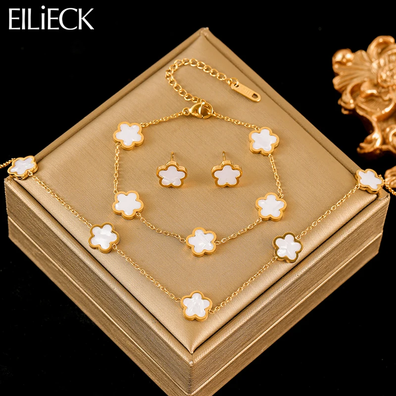 EILIECK 316L Stainless Steel White Five Leaf Clover Necklace Bracelets Earrings Set For Women New Trendy Gift Flowers Jewelry-animated-img