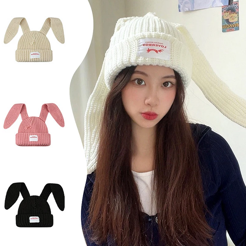 Beanie Long Ear Hat Crochet Knitted Hat Cute Bunny Hat Rabbit Ears Hats For Women Winter Warm Hats Warm Caps-animated-img