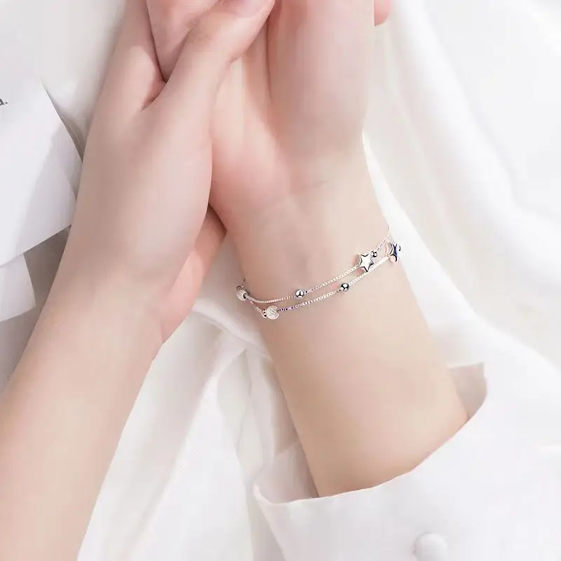 925 Sterling Silver Bead Chain Bracelets For Women Korean Sweet Double Layer Beautiful Stars Bracelets Original Jewelry Gifts preview-3